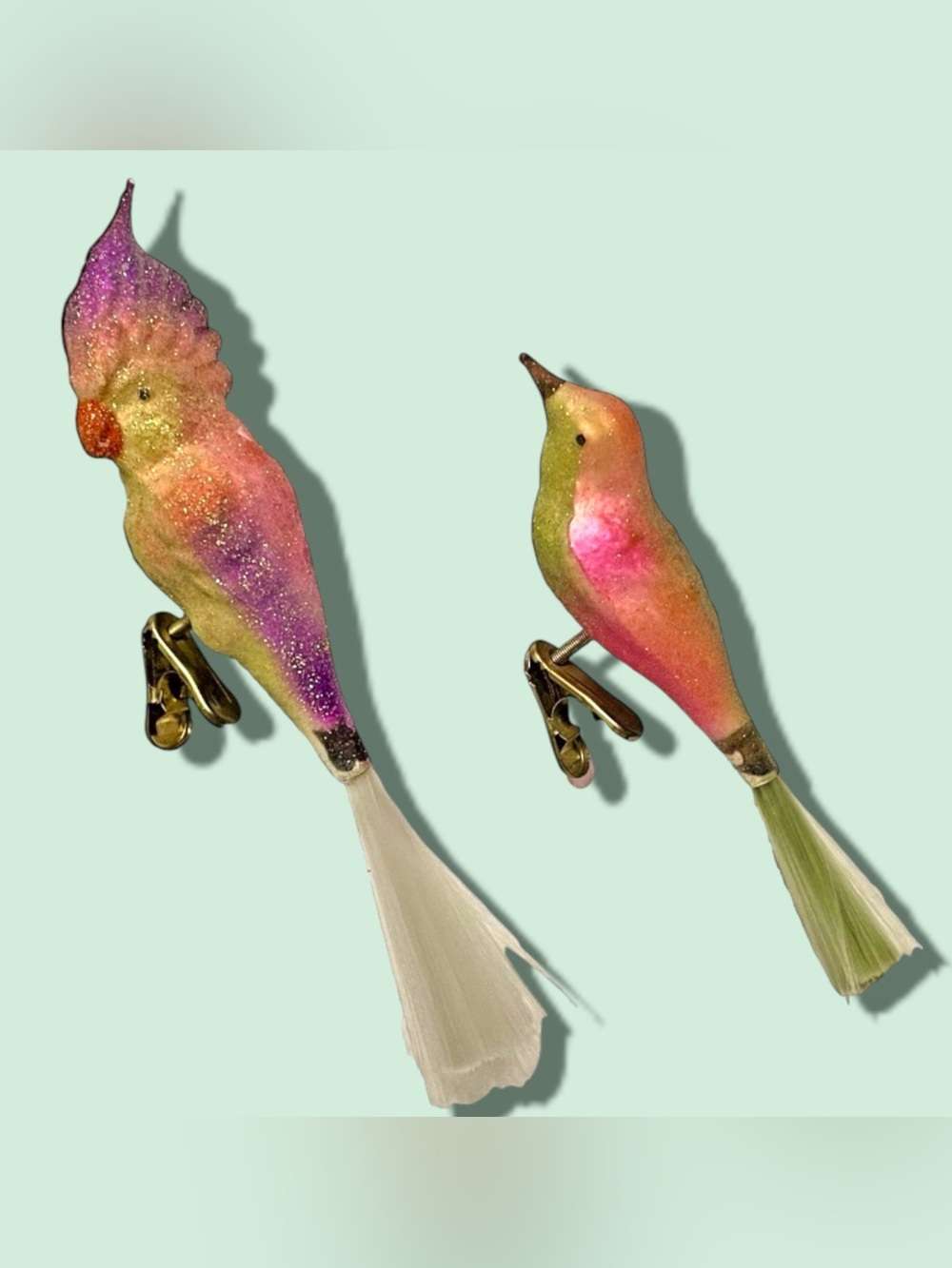 Vintage Christmas Ornament Mercury Glass Clip on Bird Set of 2 Glitter Germany